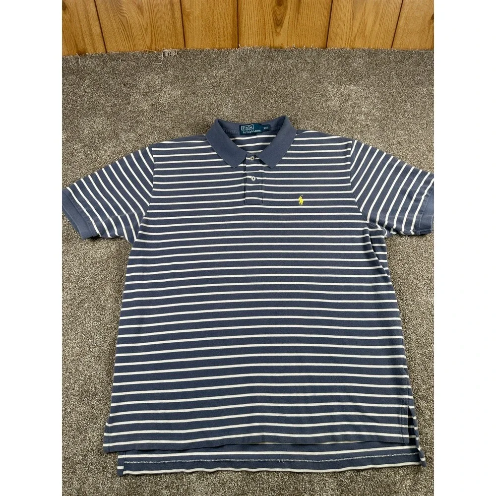 Polo Ralph Lauren Men XXL Blue/Grey Striped Short Sleeve Polo Yellow Pony Cotton